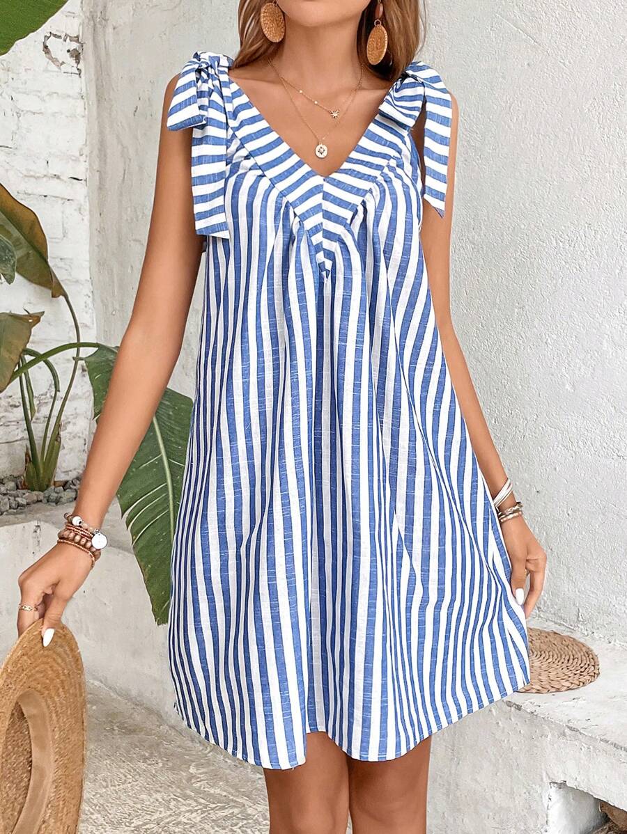SHEIN VCAY 條紋圖案肩上打結直筒連衣裙 - 藍白色 - 查看 1