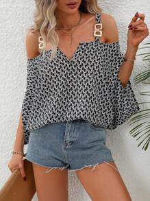 SHEIN LUNE Áo sơ mi nữ Chuỗi Tất cả trên in Giải trí - màu đen - Xem 3