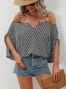 SHEIN LUNE Áo sơ mi nữ Chuỗi Tất cả trên in Giải trí - màu đen - Xem 4