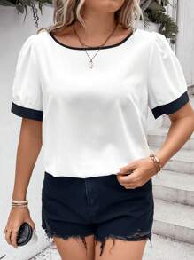 SHEIN LUNE 大碼撞色滾邊泡泡袖襯衫 - 白色 - 查看 1