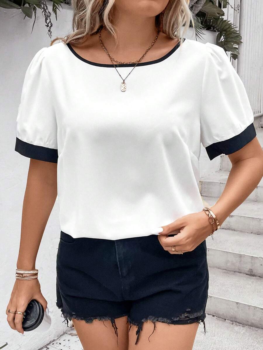 SHEIN LUNE 大碼撞色滾邊泡泡袖襯衫 - 白色 - 查看 1