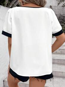 SHEIN LUNE 大碼撞色滾邊泡泡袖襯衫 - 白色 - 查看 2