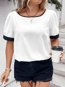 SHEIN LUNE 大碼撞色滾邊泡泡袖襯衫 - 白色 - 查看 7