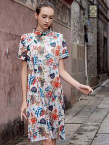 Printed Qipao/Cheongsam/Chinese Dress For Women, Suitable For Chinese New Year Celebration