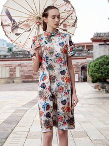 Printed Qipao/Cheongsam/Chinese Dress For Women, Suitable For Chinese New Year Celebration