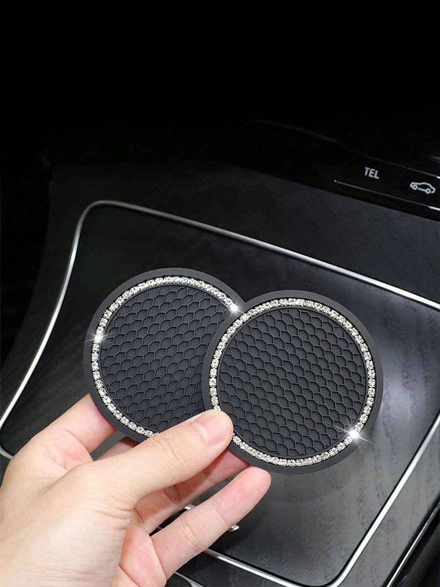 2pcs Rhinestone Decor Car Coaster - Black - View 1