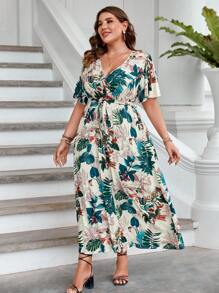 SHEIN VCAY Plus Tropical Print Surplice Neck Belted Dress - Multicolor - View 3