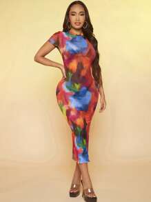 SHEIN SXY 紮染緊身連衣裙不附帶比基尼套裝 - 彩色 - 查看 3