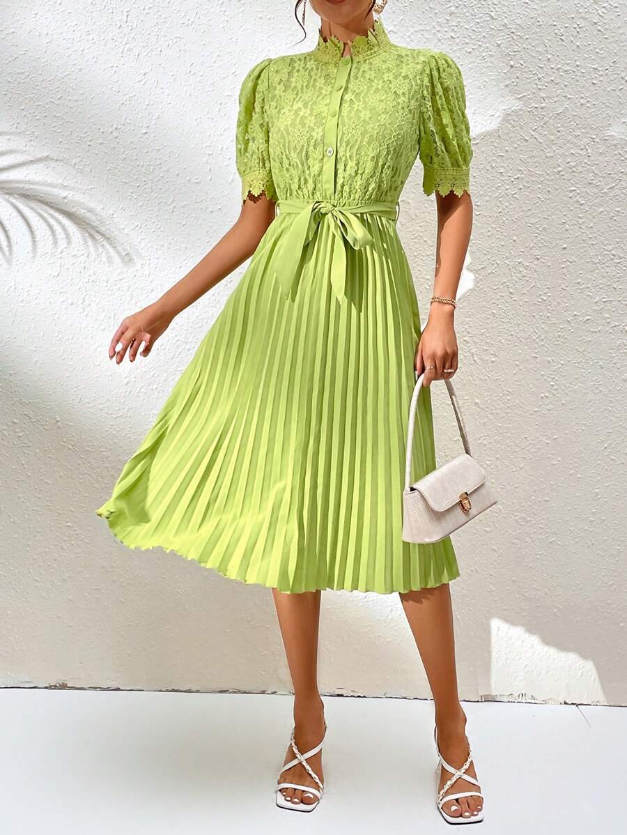Breezaya Contrast Lace Pleated Hem Belted Dress - Green - View 1