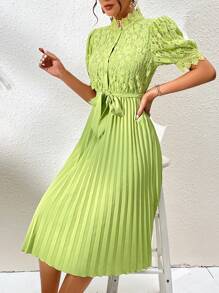 Breezaya Contrast Lace Pleated Hem Belted Dress - Green - View 3