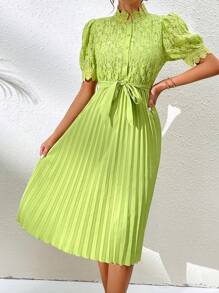 Breezaya Contrast Lace Pleated Hem Belted Dress - Green - View 4