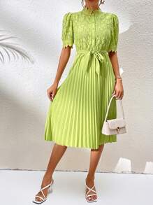 Breezaya Contrast Lace Pleated Hem Belted Dress - Green - View 5