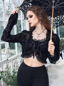 ROMWE Goth 前繫帶蕾絲上衣 - 黑色 - 查看 1