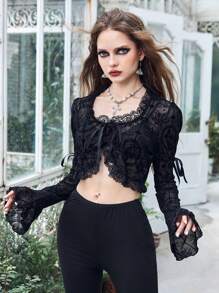 ROMWE Goth 前繫帶蕾絲上衣 - 黑色 - 查看 2