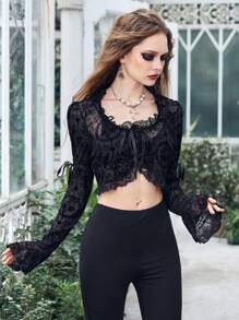 ROMWE Goth 前繫帶蕾絲上衣 - 黑色 - 查看 4