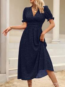 SHEIN Holidaya Đầm Xù Chấm bi Giải trí - Xanh đậm - Xem 3