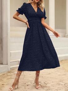 SHEIN Holidaya Đầm Xù Chấm bi Giải trí - Xanh đậm - Xem 4