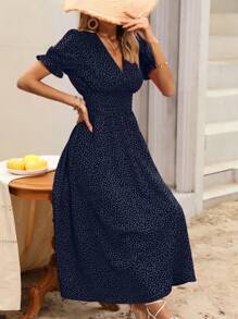 SHEIN Holidaya Đầm Xù Chấm bi Giải trí - Xanh đậm - Xem 5