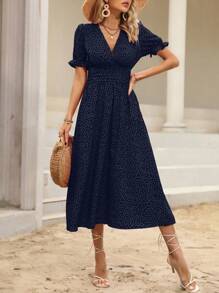 SHEIN Holidaya Đầm Xù Chấm bi Giải trí - Xanh đậm - Xem 6