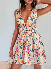 SHEIN VCAY Allover Floral Print Plunge Neck Dress - Multicolor - View 4