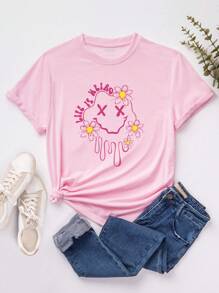 SHEIN EZwear 花卉和標語圖案T恤 - 淺粉色 - 查看 1