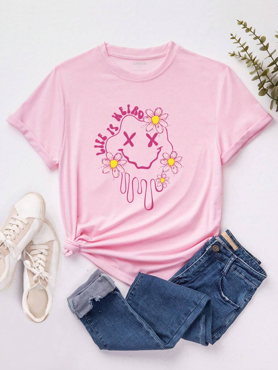SHEIN EZwear 花卉和標語圖案T恤 - 淺粉色 - 查看 1