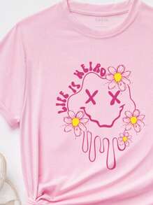 SHEIN EZwear 花卉和標語圖案T恤 - 淺粉色 - 查看 3