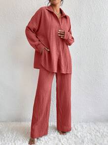 Chiquease Camisa de hombros caídos & Pantalones de pierna ancha - Rosado Sandía - Ver 1