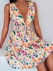 SHEIN VCAY Allover Floral Print Plunge Neck Dress - Multicolor - View 3