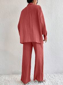 Chiquease Camisa de hombros caídos & Pantalones de pierna ancha - Rosado Sandía - Ver 2