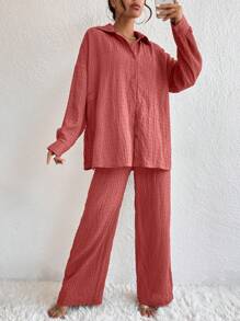 Chiquease Camisa de hombros caídos & Pantalones de pierna ancha - Rosado Sandía - Ver 4