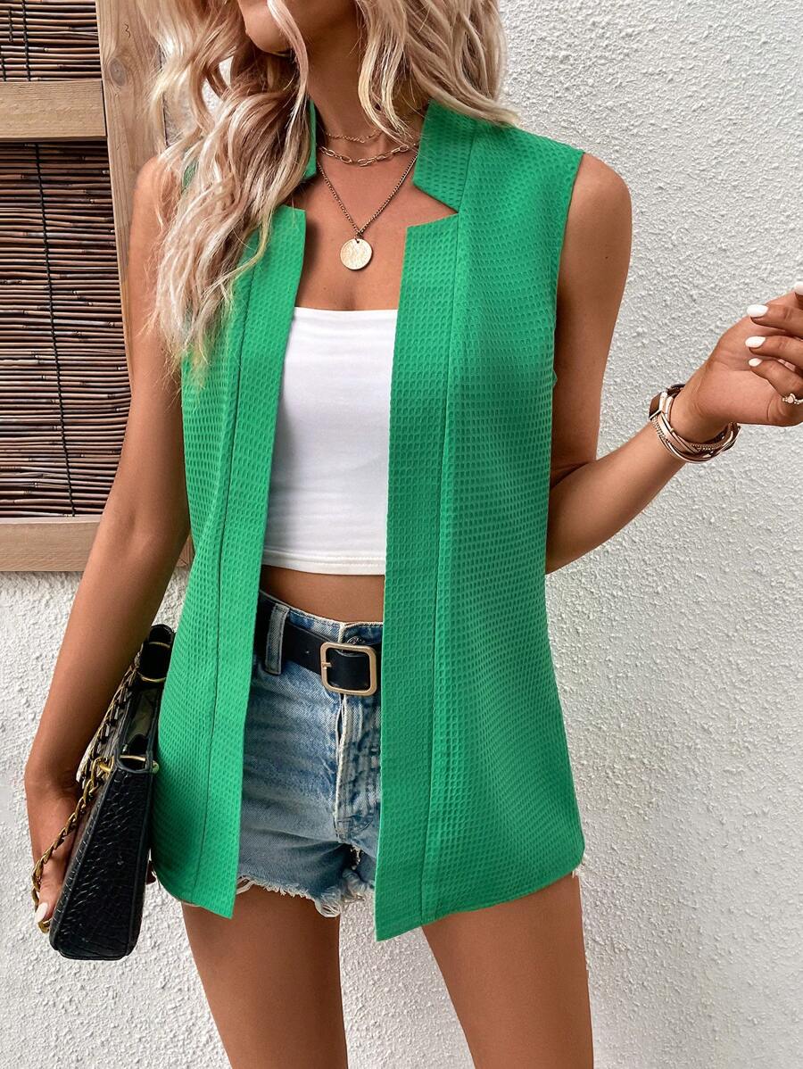 SHEIN LUNE 素色缺口V領細節開門襟馬甲西裝外套 - 綠色 - 查看 1