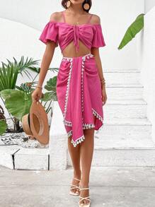 Breezaya Cold Shoulder Drawstring Front Crop Top & Fringe Trim Asymmetrical Hem Skirt