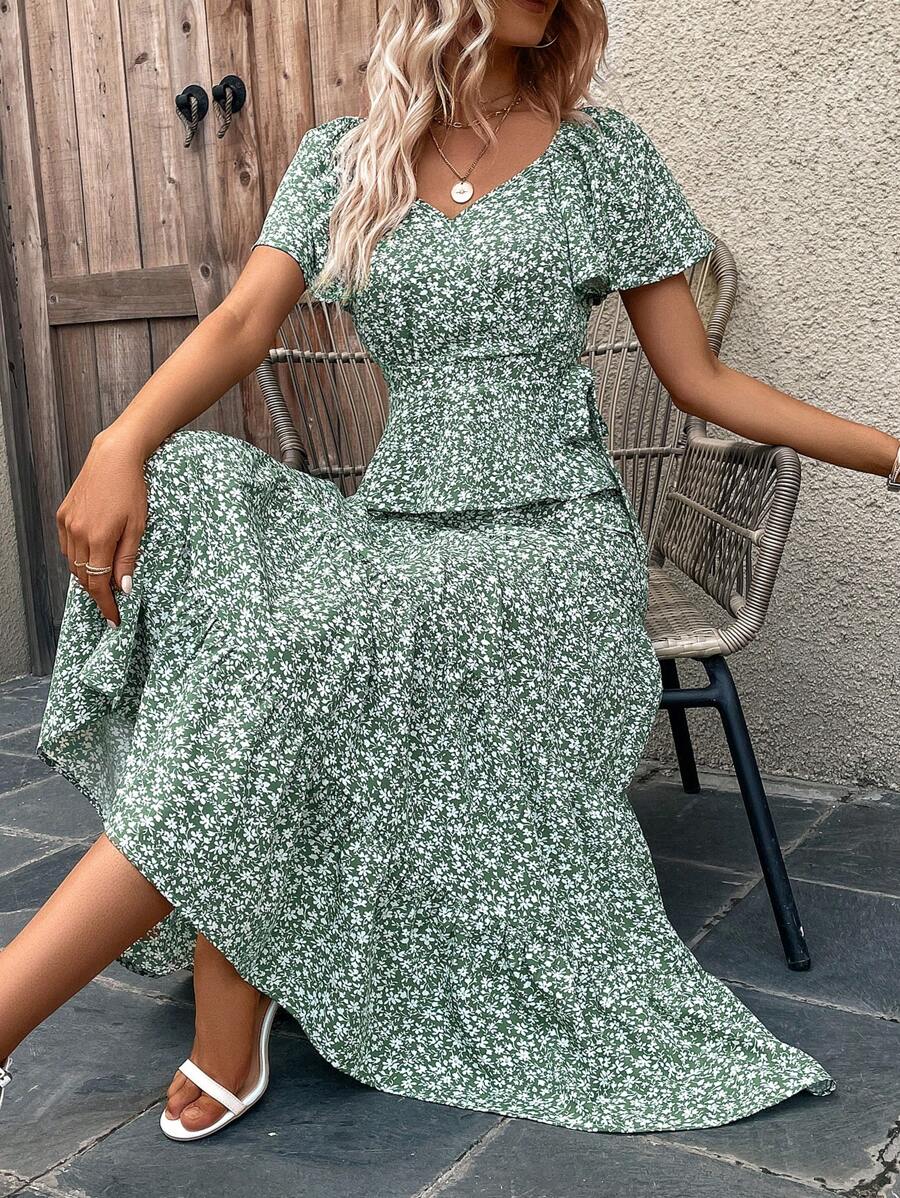 SHEIN VCAY 碎花蝴蝶袖上衣和荷葉邊半身裙 - 綠色 - 查看 1