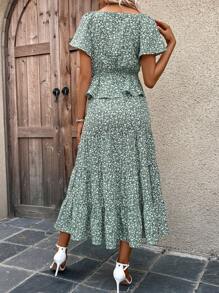 SHEIN VCAY 碎花蝴蝶袖上衣和荷葉邊半身裙 - 綠色 - 查看 2