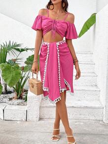 Breezaya Cold Shoulder Drawstring Front Crop Top & Fringe Trim Asymmetrical Hem Skirt