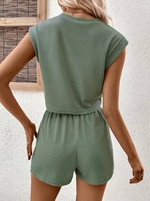 SHEIN LUNE 素色口袋貼布背心上衣和腰部抽繩短褲 - 綠色 - 查看 2