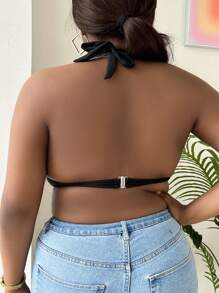 SHEIN Swim Curve Plus Pearls Beaded Knot Front Halter Push Up Bikini Top, For Summer Beach Vacation - Black - View 2