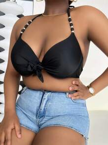SHEIN Swim Curve Plus Pearls Beaded Knot Front Halter Push Up Bikini Top, For Summer Beach Vacation - Black - View 4