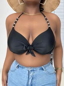 SHEIN Swim Curve Plus Pearls Beaded Knot Front Halter Push Up Bikini Top, For Summer Beach Vacation - Black - View 5