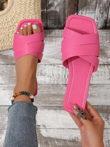 Women Snakeskin Embossed Flat Sandals, Funky Hot Pink Slide Sandals For Summer - Hot Pink - View 1