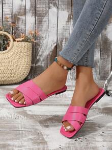 Women Snakeskin Embossed Flat Sandals, Funky Hot Pink Slide Sandals For Summer - Hot Pink - View 2
