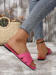 Women Snakeskin Embossed Flat Sandals, Funky Hot Pink Slide Sandals For Summer - Hot Pink - View 3