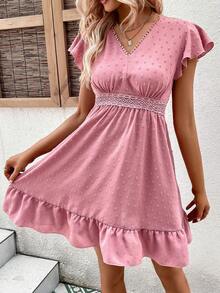 SHEIN VCAY Swiss Dot Ruffle Hem Dress - Pink - View 4