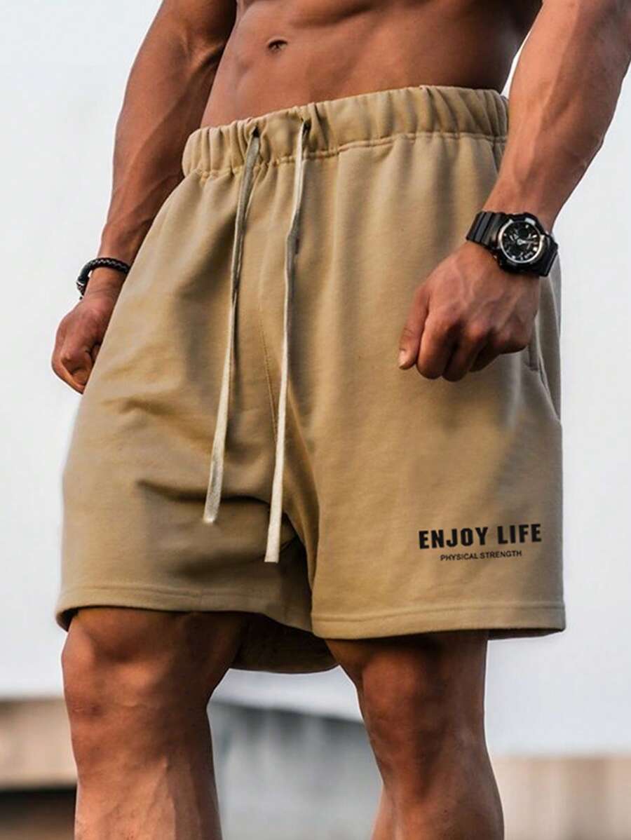 Manfinity Sport Corelite Men Letter Graphic Drawstring Waist Sports Shorts Gym Shorts Sweat Pants - Khaki - View 1