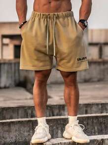 Manfinity Sport Corelite Men Letter Graphic Drawstring Waist Sports Shorts Gym Shorts Sweat Pants - Khaki - View 5