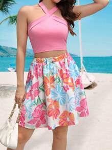 SHEIN Unity 十字交叉掛脖上衣和印花半身裙 - 粉色 - 查看 1