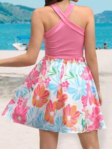 SHEIN Unity 十字交叉掛脖上衣和印花半身裙 - 粉色 - 查看 2