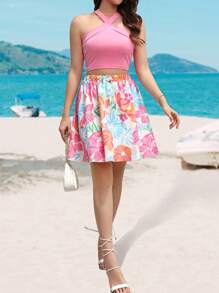 SHEIN Unity 十字交叉掛脖上衣和印花半身裙 - 粉色 - 查看 4