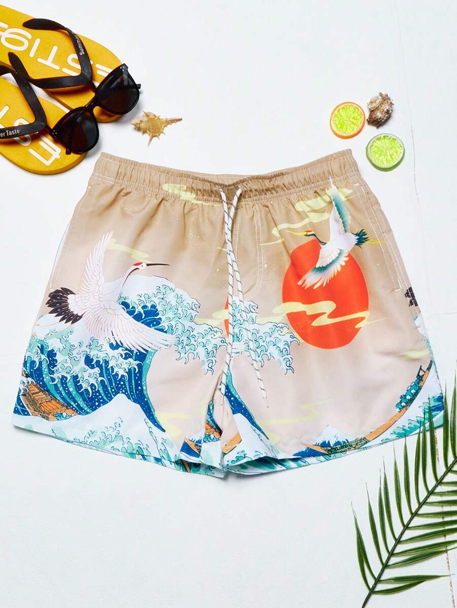 Manfinity Hombres Shorts de natación grulla & con estampado de onda de cintura con cordón - Multicolor - Ver 1